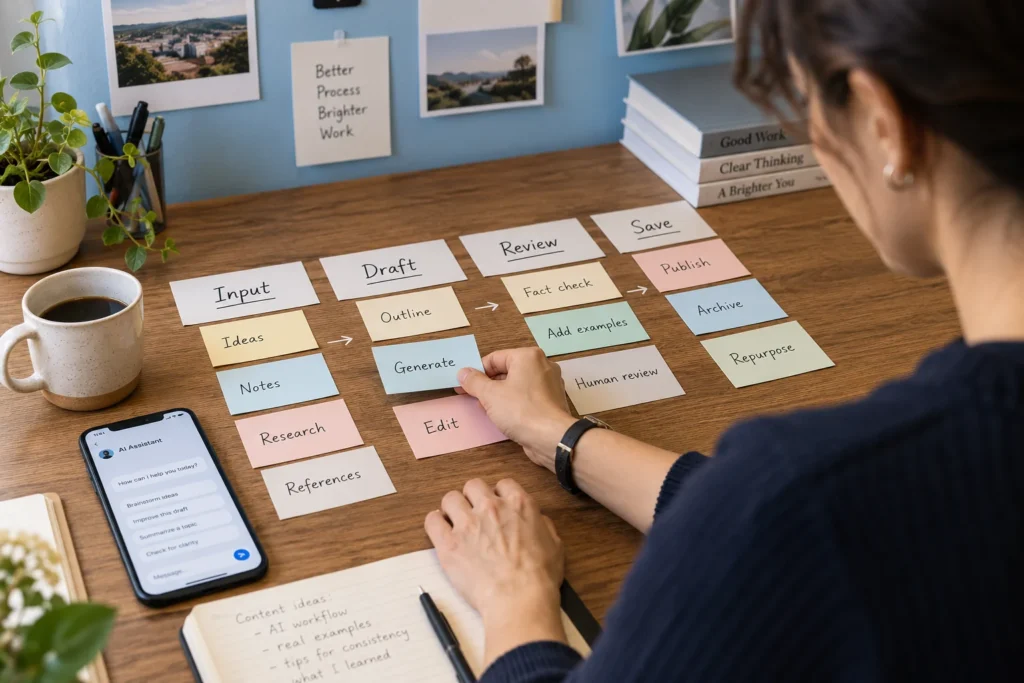 Human organizes input, draft, review and save stages beside an AI assistant on a phone.