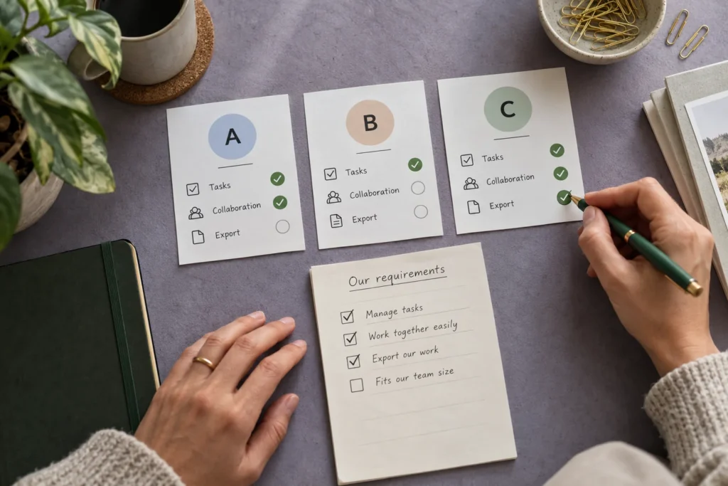 Software requirements compared across three printed tool cards.