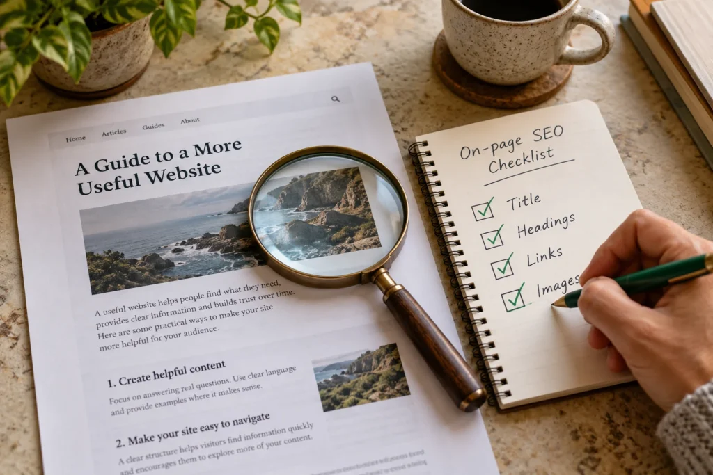 Printed webpage reviewed with a magnifying glass and on-page SEO checklist.