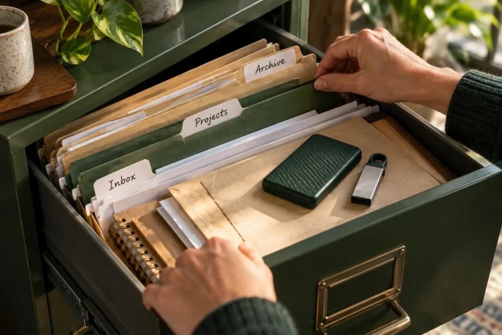 Organized filing drawer and digital storage illustrate a simple file organization system.