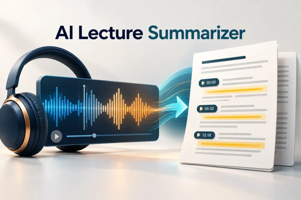 Lecture audio waveform and headphones transforming into summary notes.