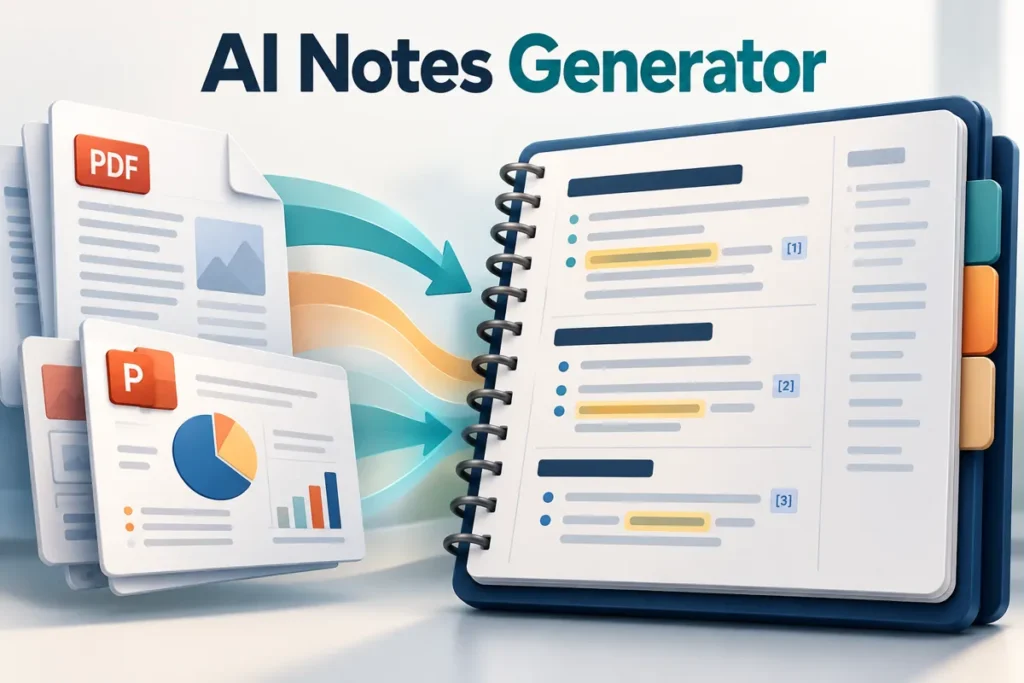 PDF and lecture slides transforming into a structured digital notebook.