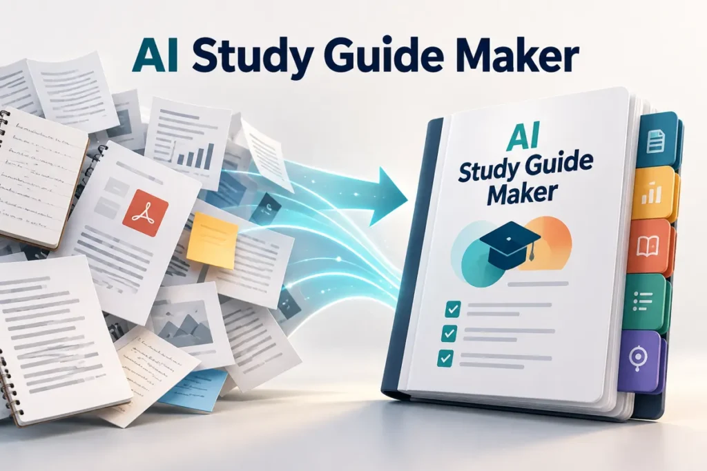 Lecture notes and PDF pages transforming into an organized study guide.