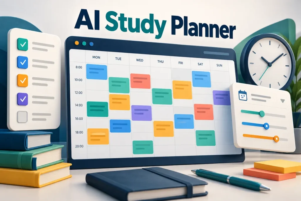 Weekly study timetable with topic checklist and adjustable study blocks.