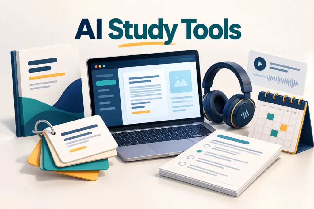 AI study toolkit with a laptop, study guide, flashcards, headphones, quiz and calendar.