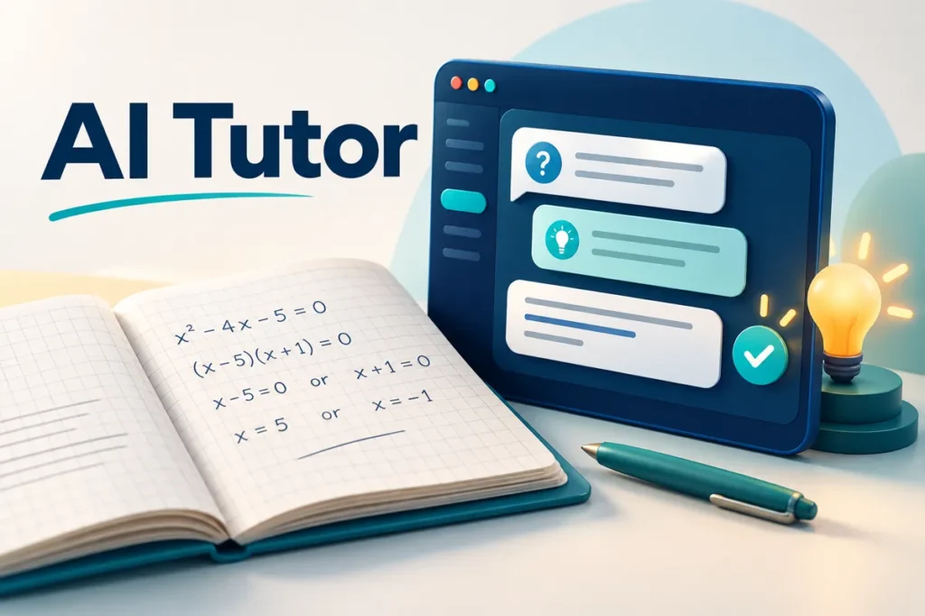 AI tutor conversation beside a worked mathematics exercise.