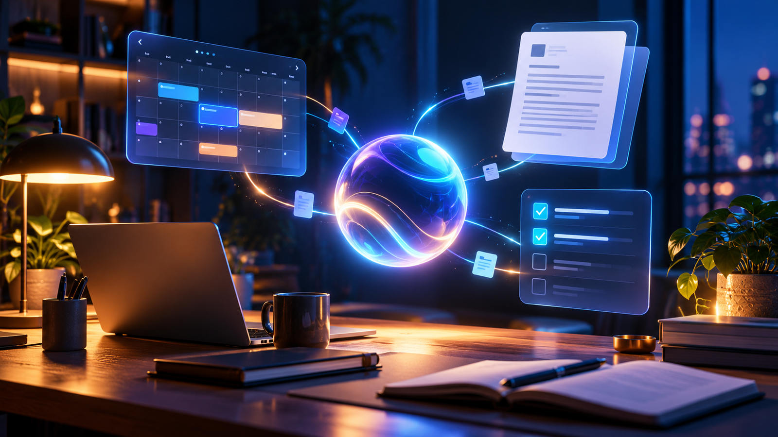 Glowing AI assistant orb above a desk with organized productivity tasks