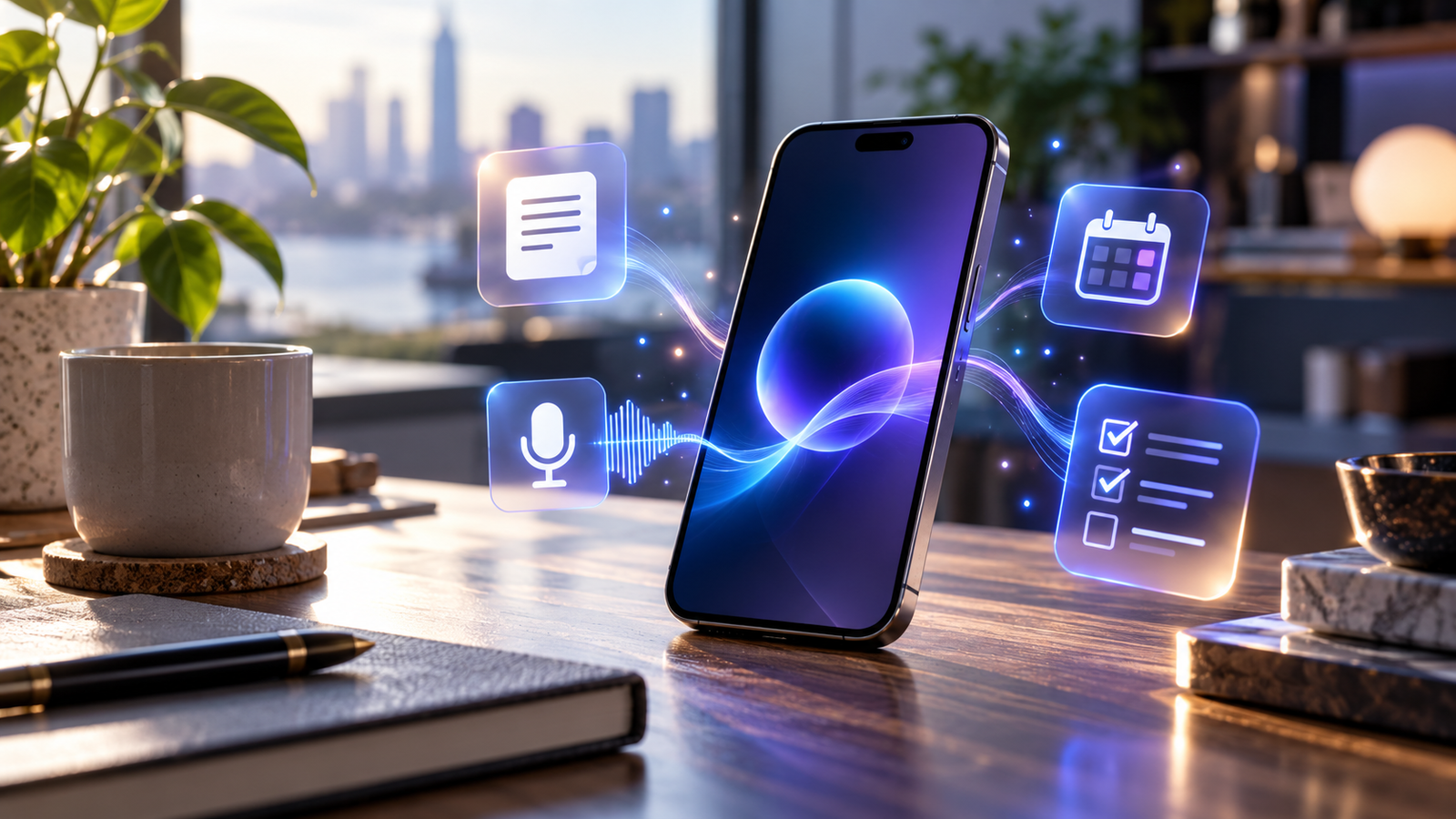Smartphone displaying an illustrative AI productivity app workspace