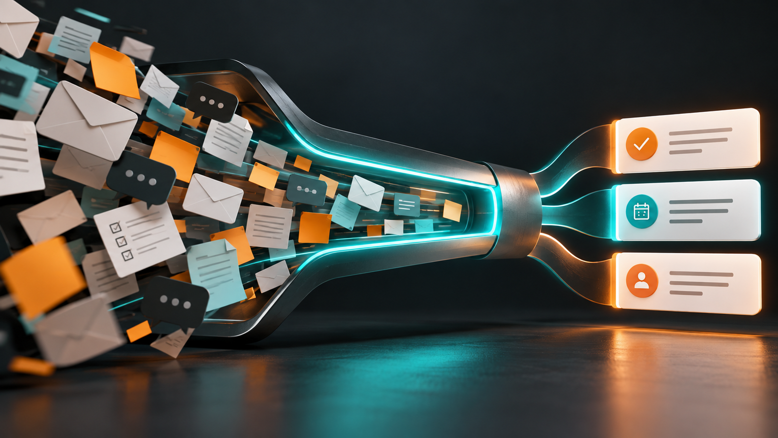 Organized workflow funnel connecting tasks with AI productivity tools