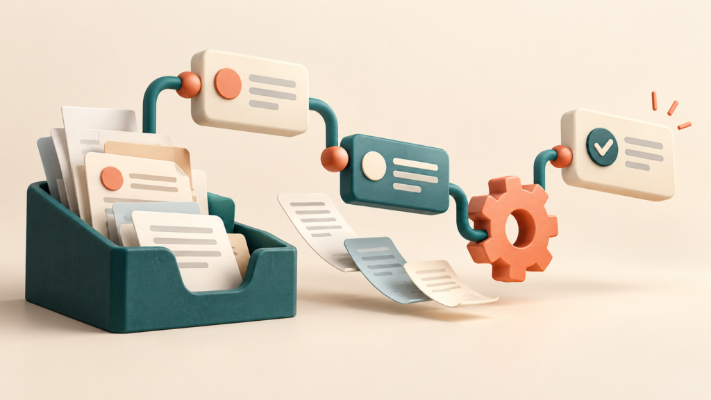 AI-generated sculptural illustration of connected workflow automation steps