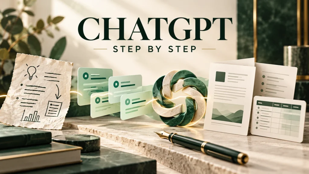 ChatGPT learning cards showing a task brief, writing and data workflow