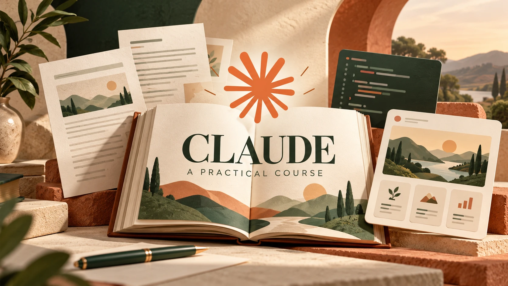 Illustrated Claude learning workbook with document, code and interactive artifact examples