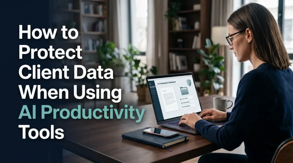 Professional reviewing an AI productivity dashboard before handling client information.