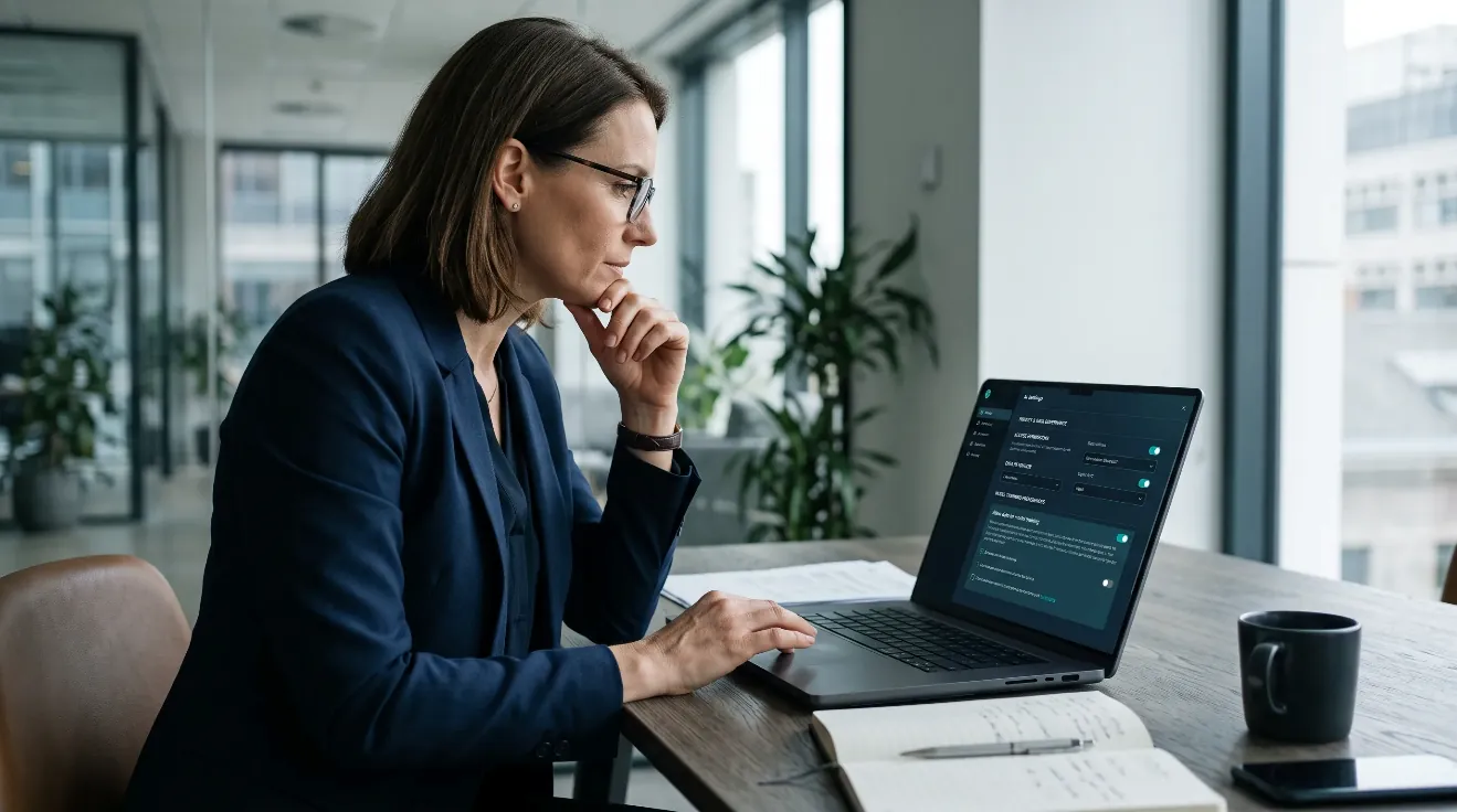 Professional reviewing privacy and access settings in an AI application.