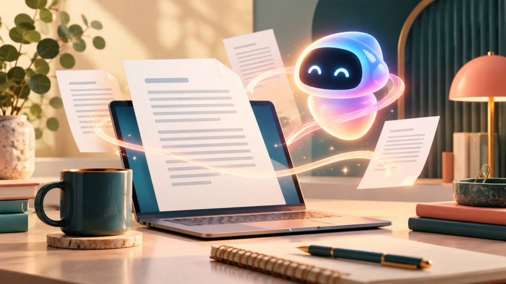 AI-generated illustration of a glowing workspace for drafting documents with AI