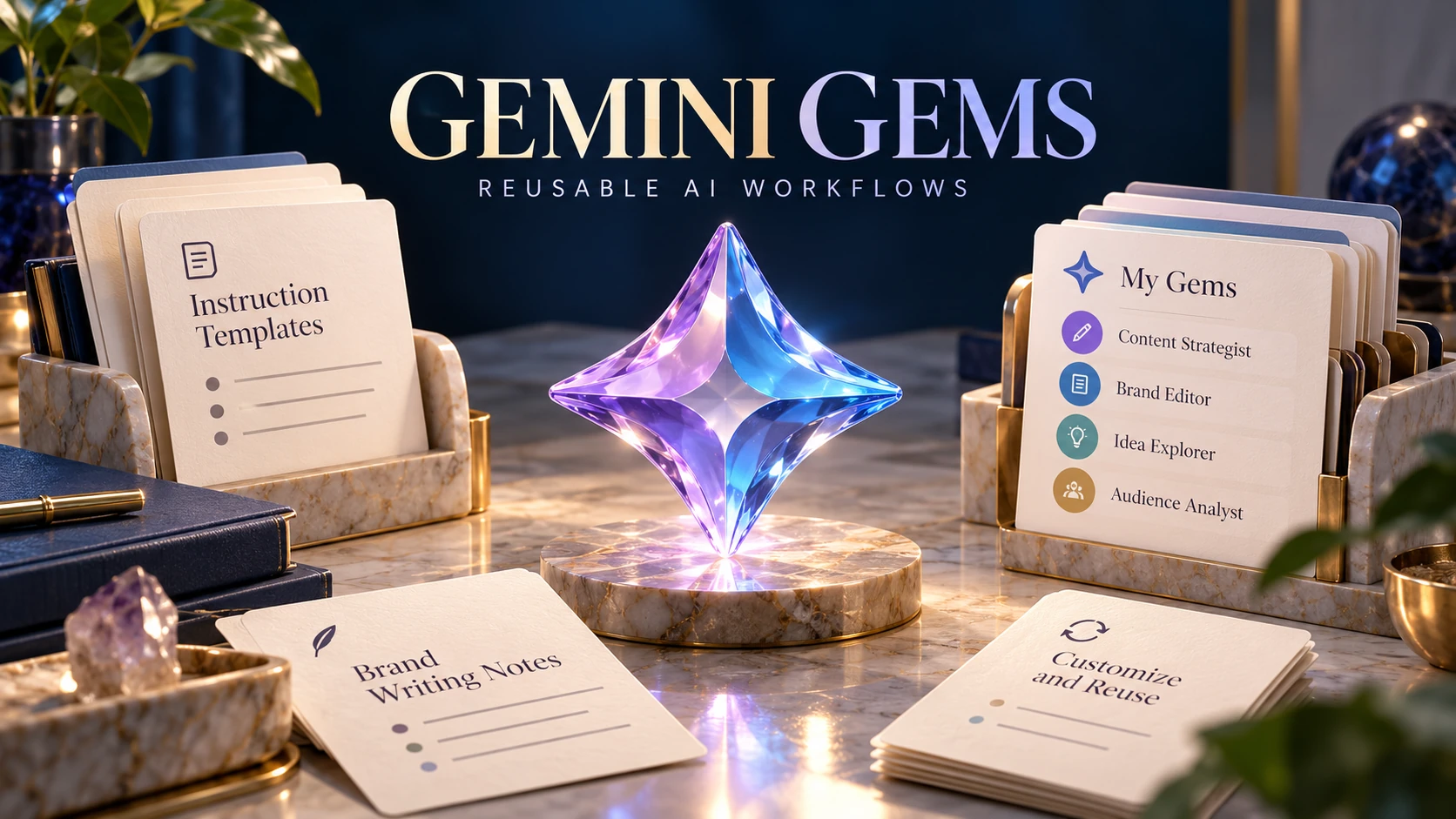 Gemini Gems illustration with reusable instructions and task cards