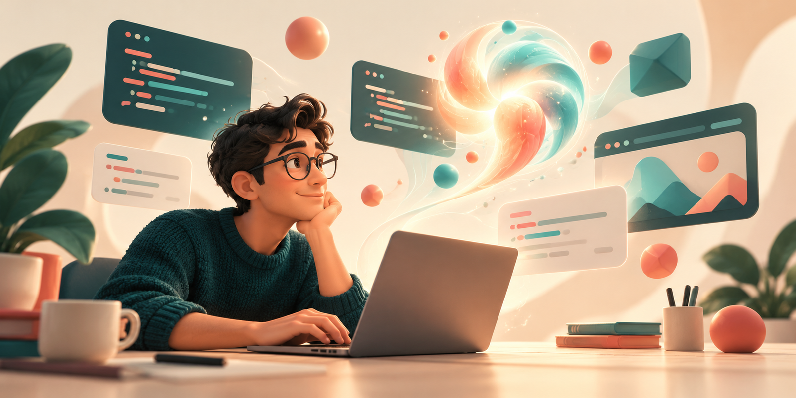 AI-generated illustration of a developer experimenting with prompts at a creative workspace