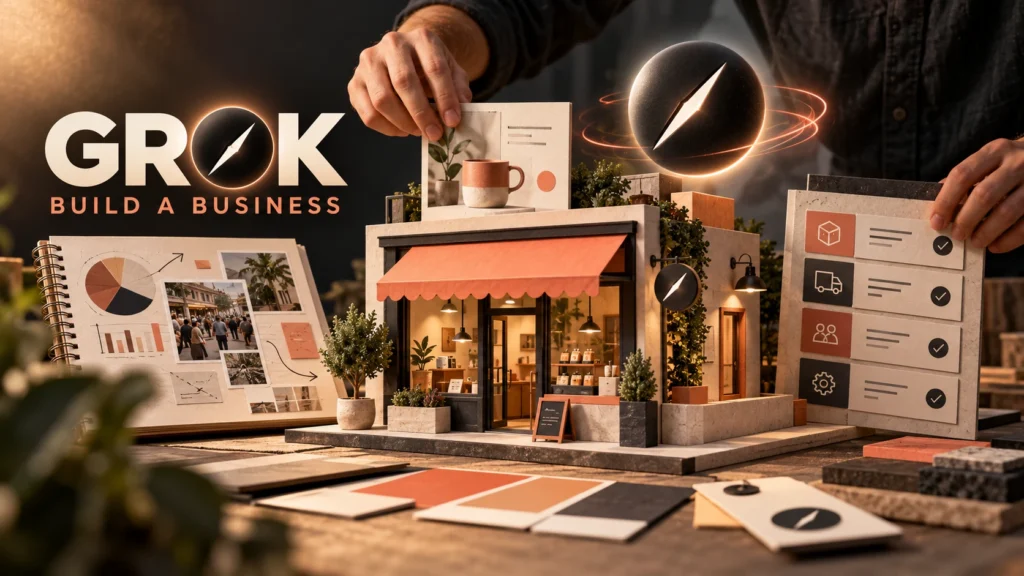 Grok business learning illustration with storefront and planning cards