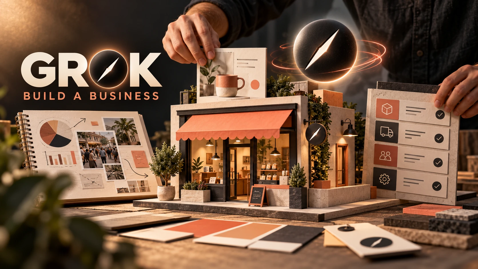 Grok business learning illustration with storefront and planning cards