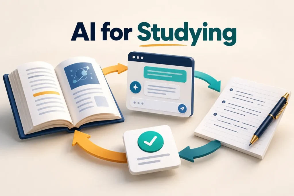 Textbook, explanation, practice answer and checking steps in an AI study workflow.