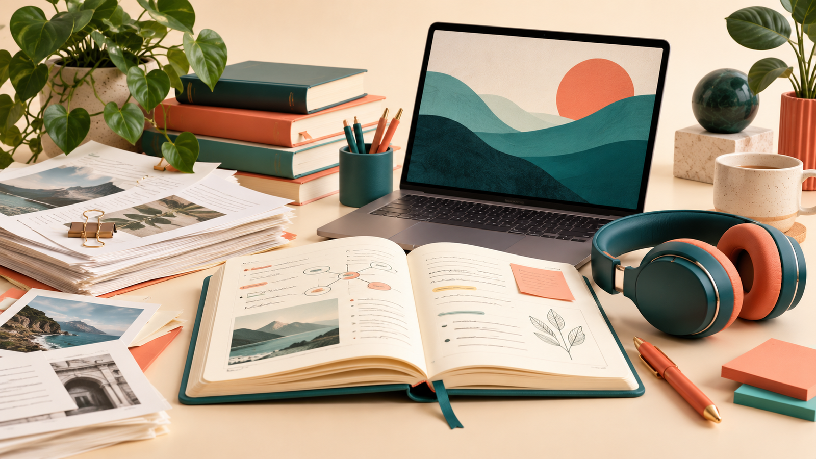 AI-generated illustration of a document-based study workspace