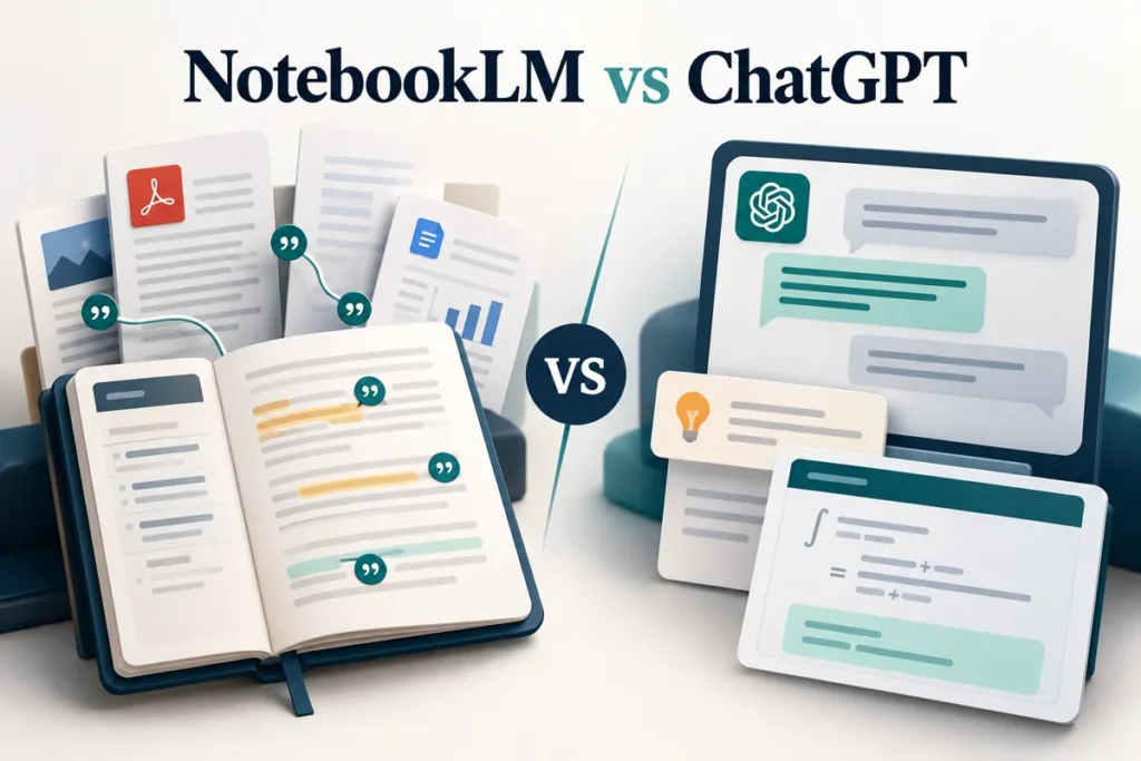 NotebookLM source-based study workflow compared with ChatGPT conversational tutoring.