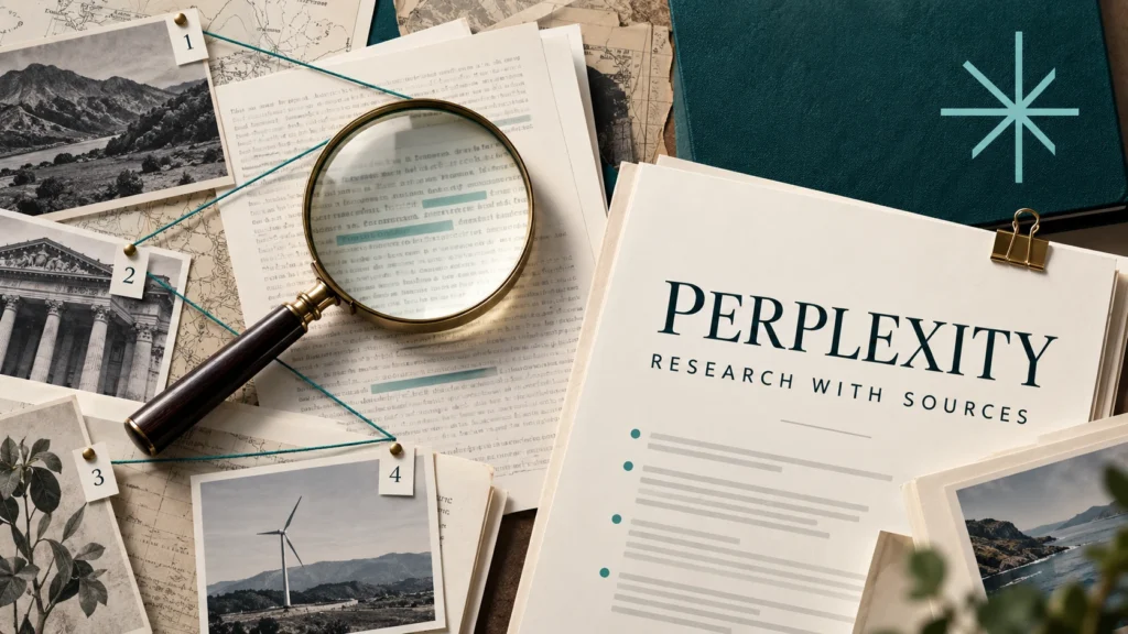 Perplexity research illustration with magnifying glass and linked source documents