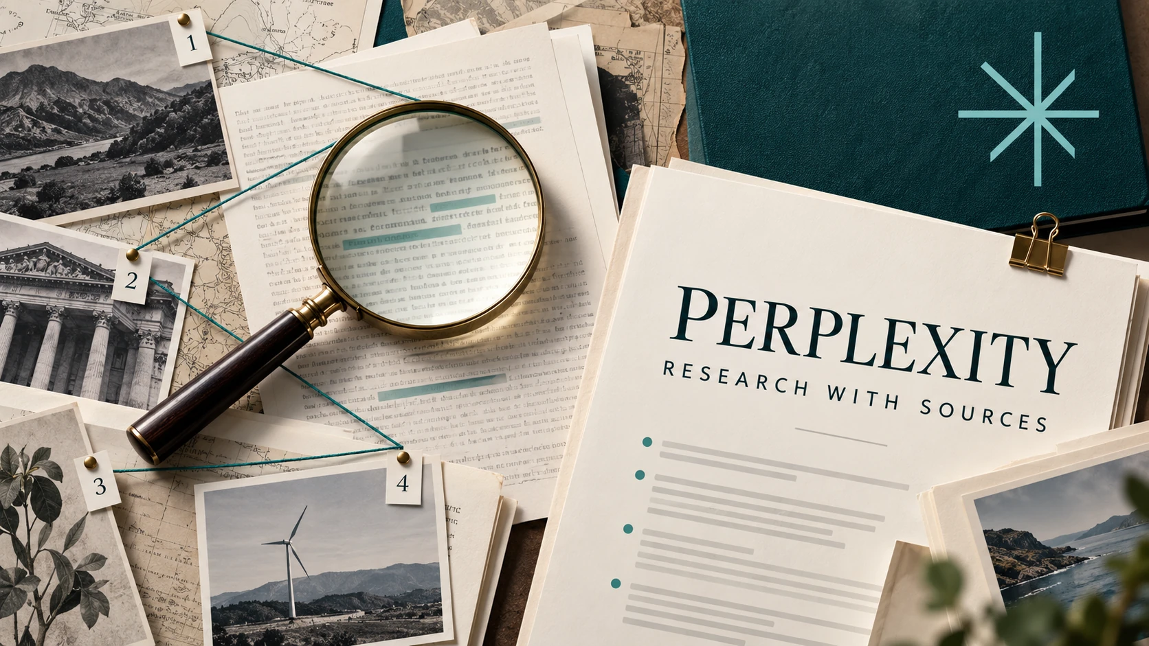 Perplexity research illustration with magnifying glass and linked source documents