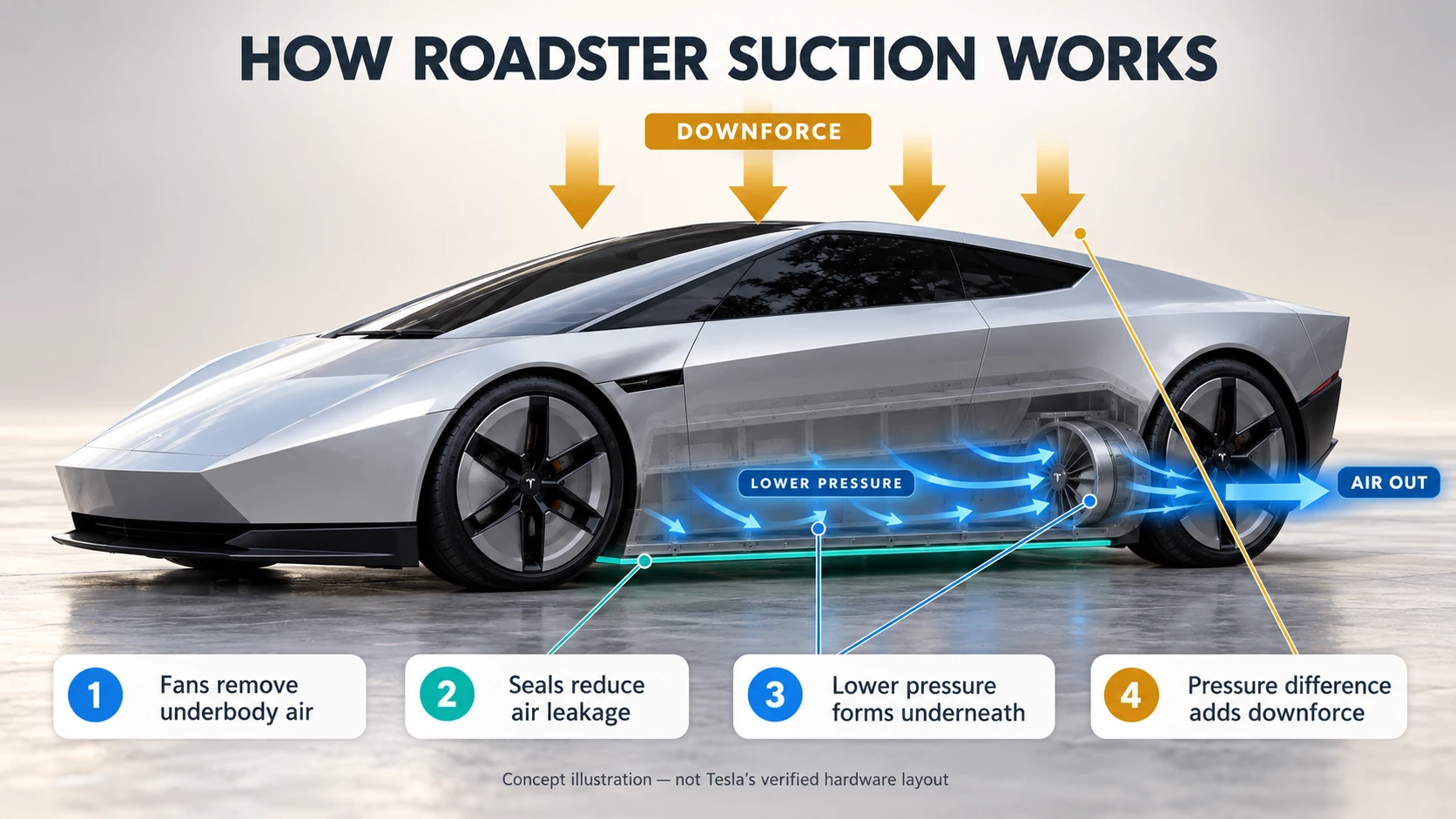 Concept illustration of the Roadster suction system showing air extraction, ground seals, lower underbody pressure and downforce