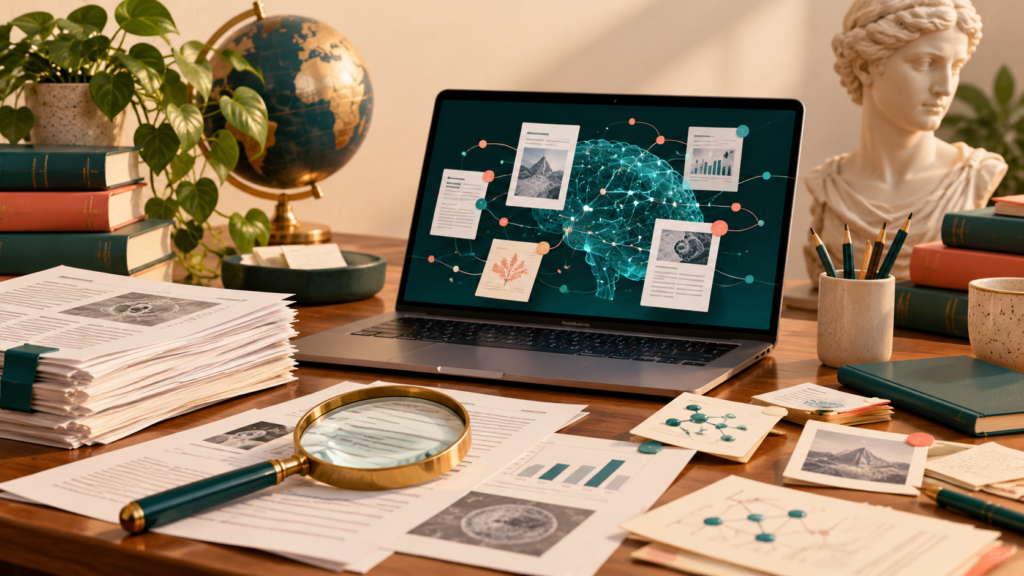 AI-generated illustration of a research desk with papers and evidence