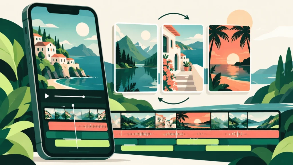 Vector-style mobile video editor with replaceable travel images and a video timeline