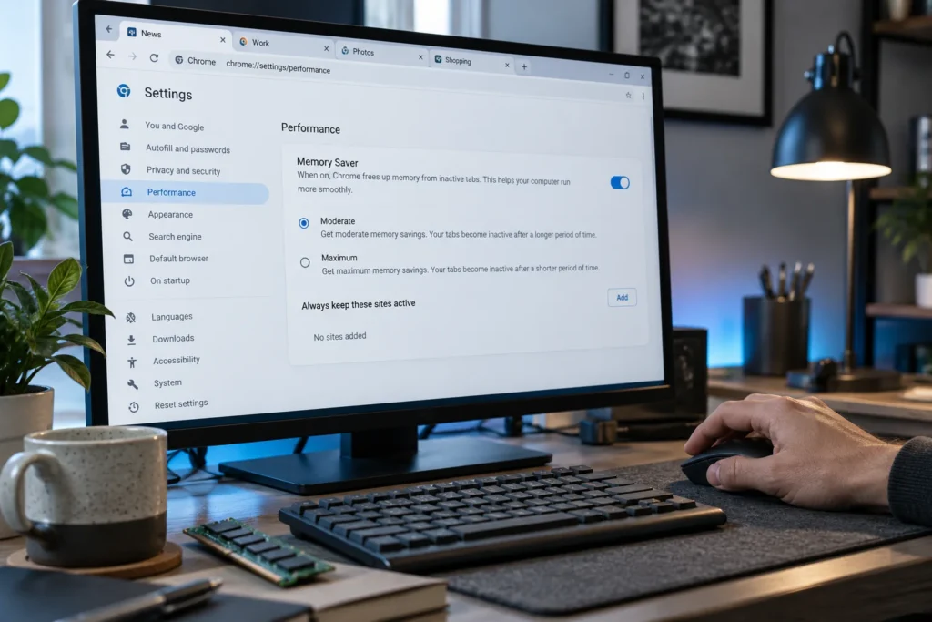 Desktop browser settings and a RAM module illustrate managing browser memory.