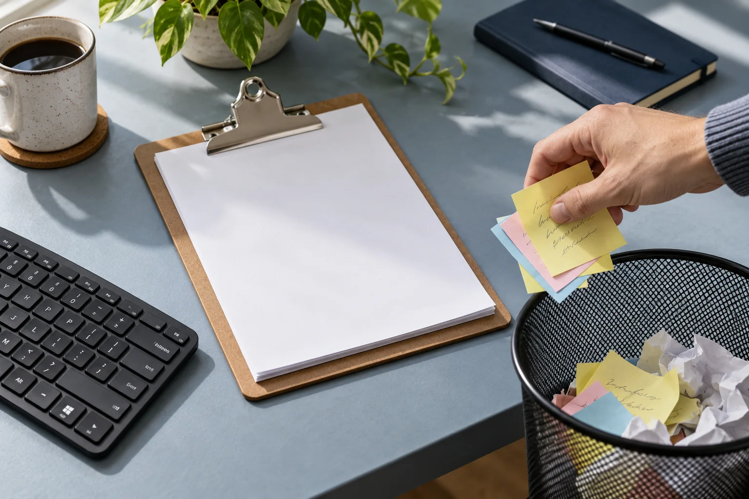 Notes being removed beside a clean clipboard illustrate clearing clipboard history.