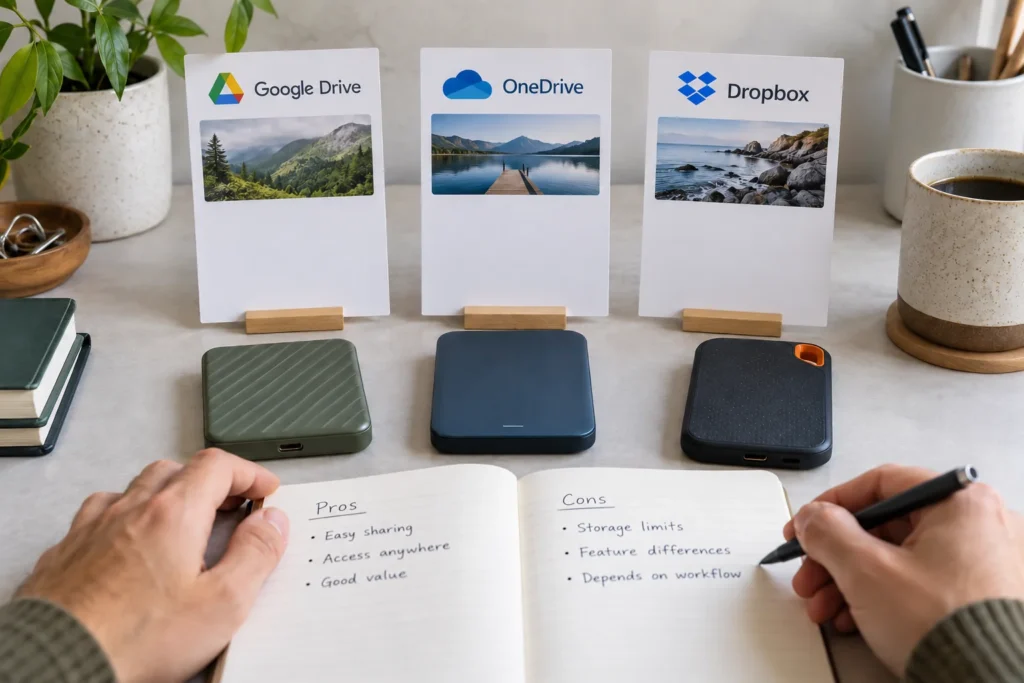 Conceptual comparison of Google Drive, OneDrive and Dropbox with physical storage props.