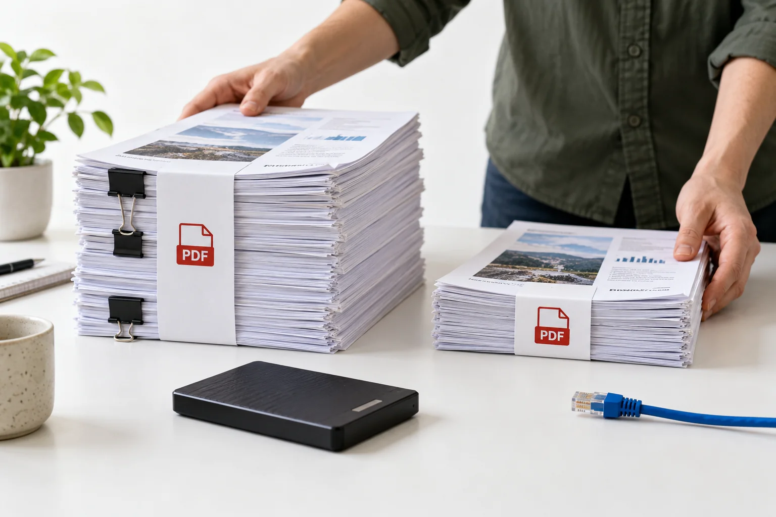 Photographic conceptual still life: large bulky stack of printed pages held with binder clips on left, a much slimmer tidy stack on right, a sealed external USB drive and disconnected Ethernet cable in foreground.