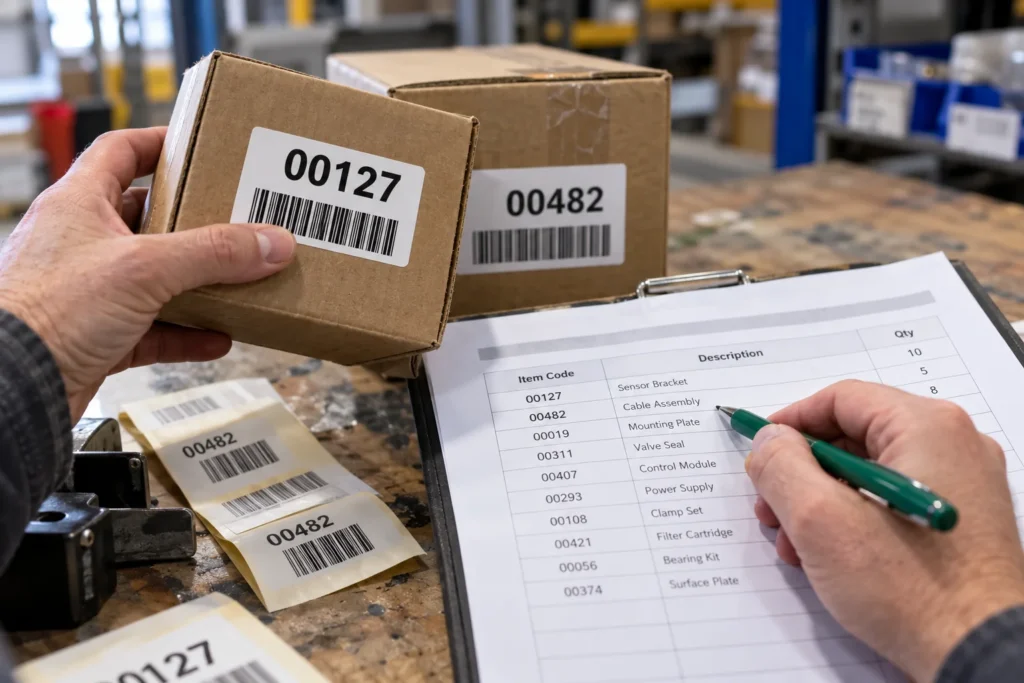 real photograph of physical asset tags and shipping labels with short codes 00127 and 00482, adult hand checks those identifiers against a printed spreadsheet with same leading-zero codes.