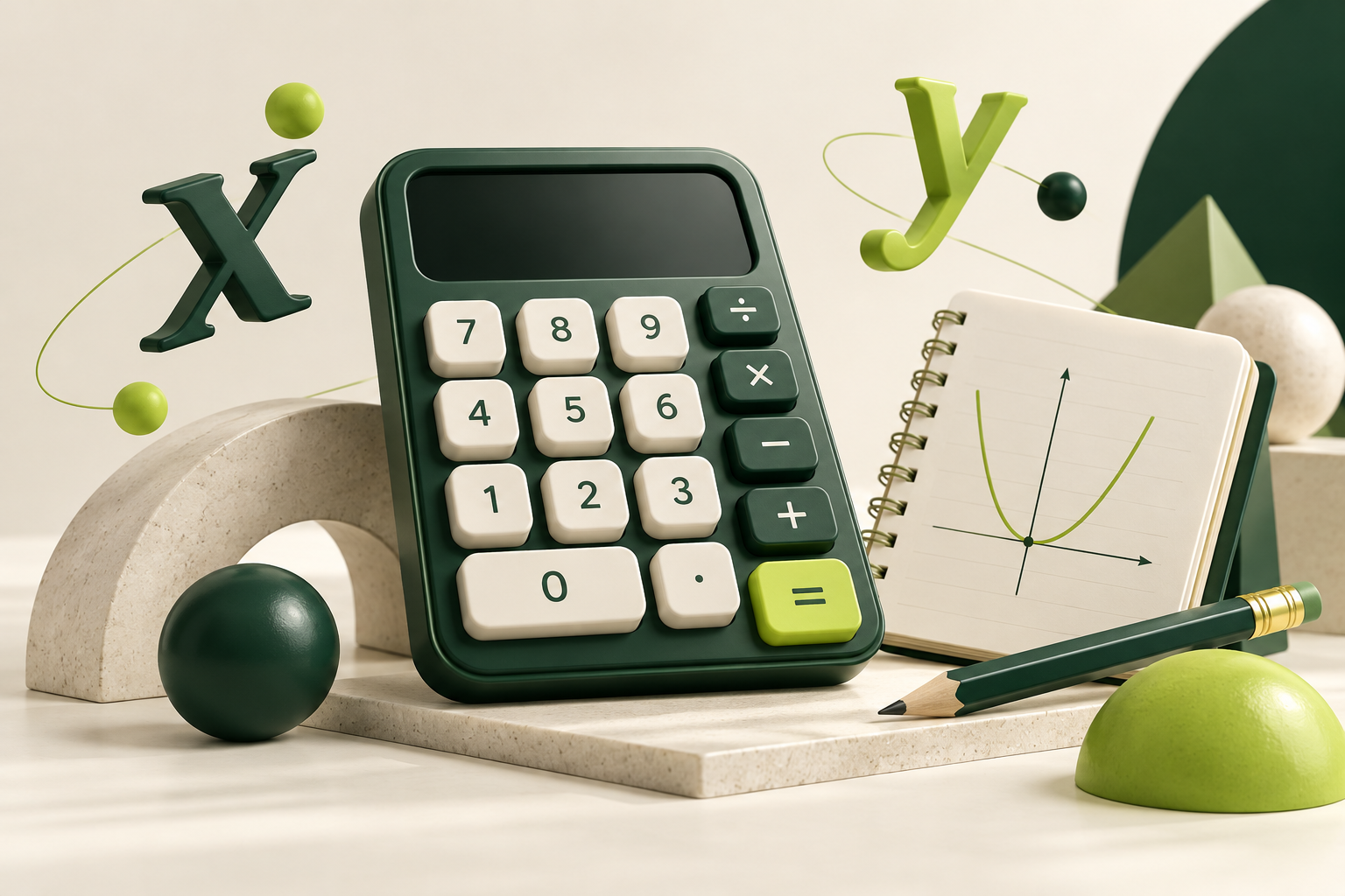 Green calculator with algebra symbols and a notebook showing a parabola