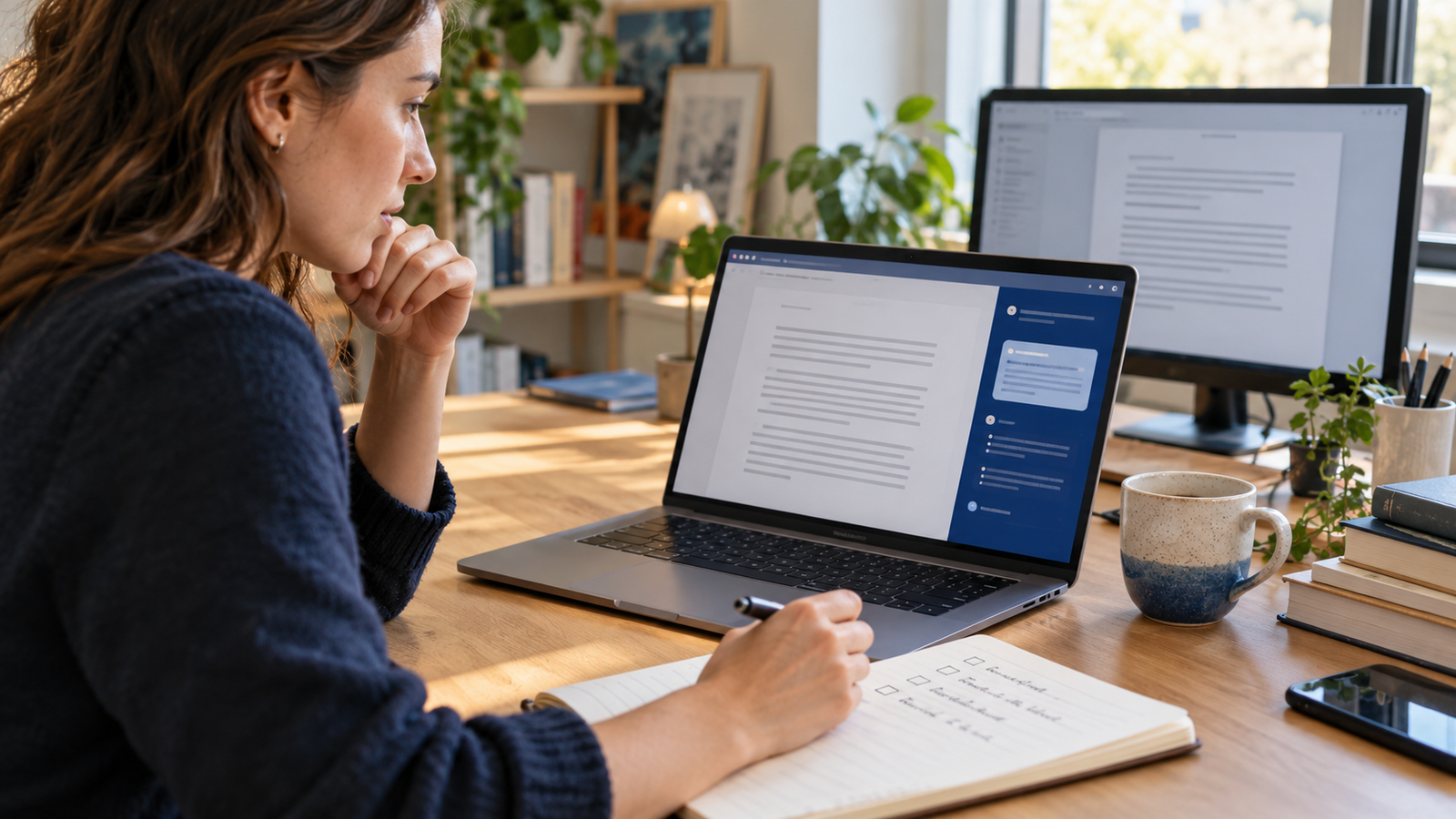 Writer comparing AI-assisted drafts on a laptop and desktop monitor.