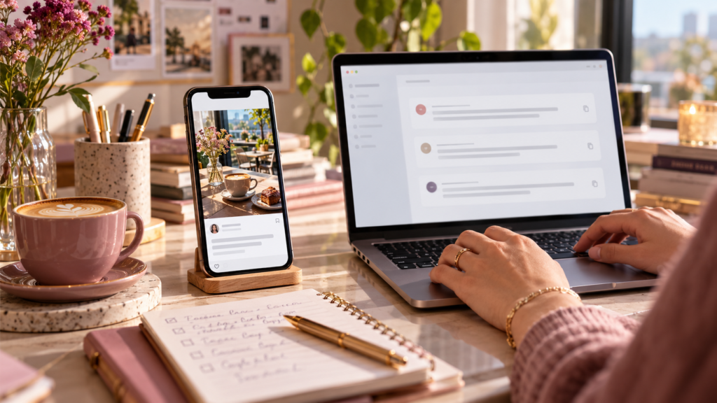 Phone and laptop on a desk with illustrative social caption drafts.