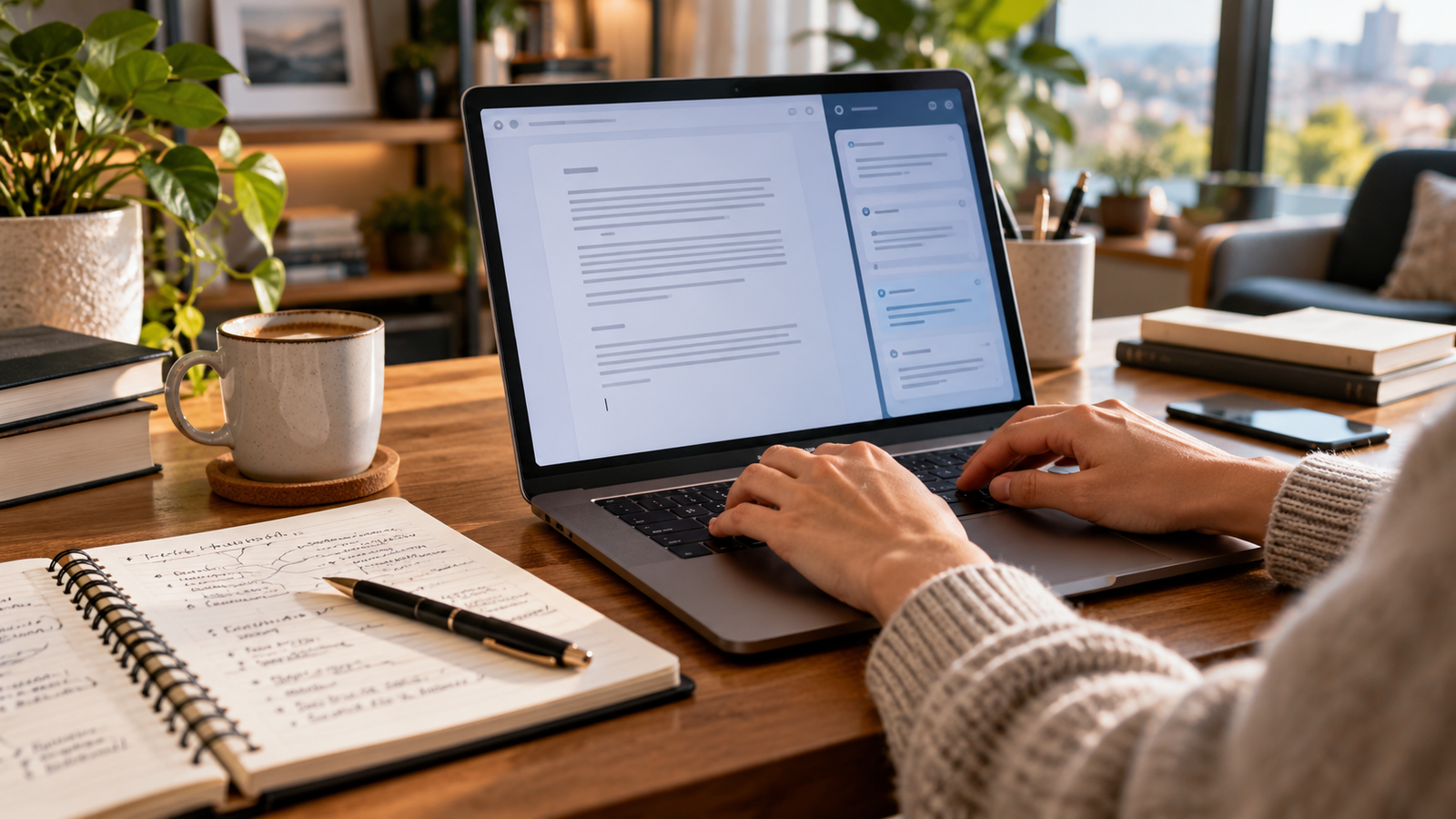 Writer reviewing an AI-assisted draft on a laptop beside handwritten notes.
