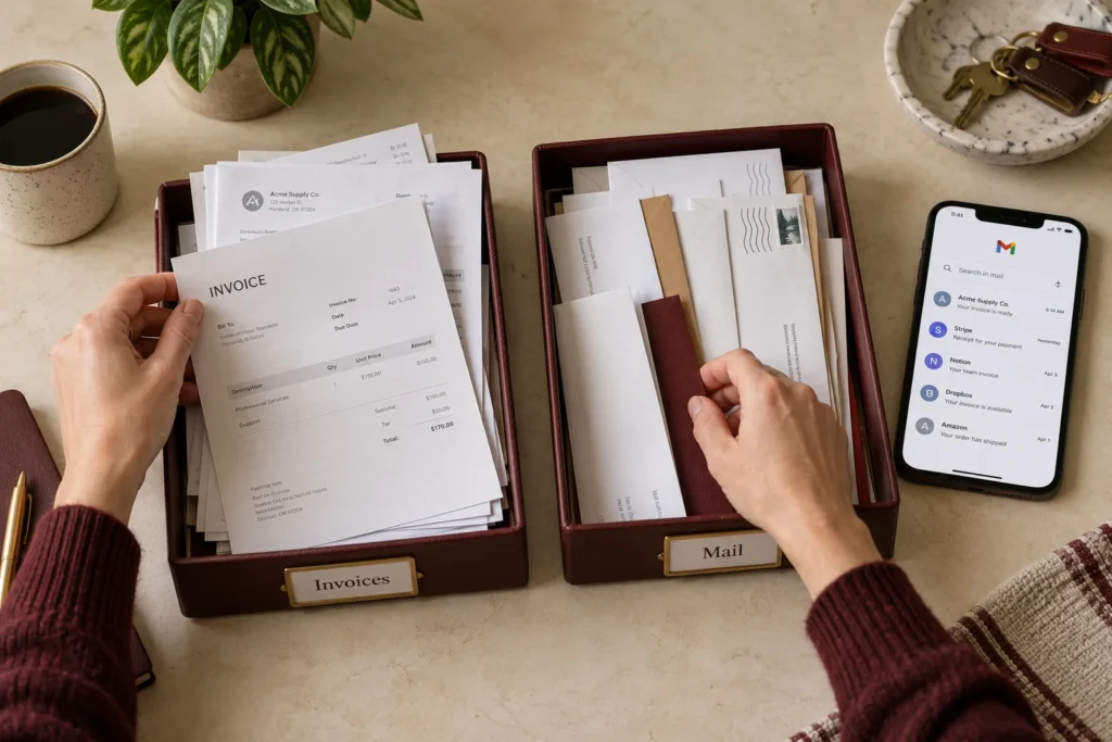 Paper invoices sorted into a tray beside a smartphone with an email inbox.