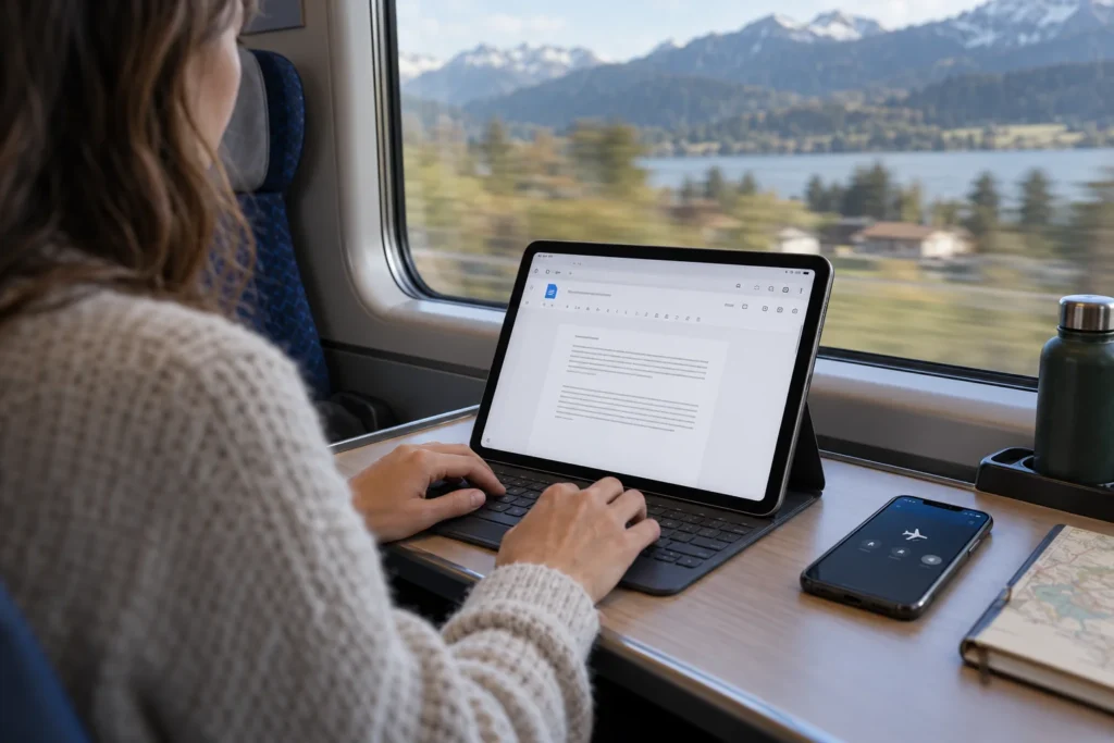 travel photograph inside a train carriage: adult working on a tablet with keyboard case, screen shows a quiet document editor, window reveals blurred countryside, phone beside tablet shows airplane mode small icon.