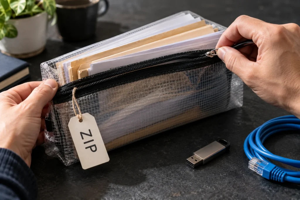 realistic still-life photo of a transparent zipped document pouch containing paper folders, a hand gently unjams its zipper, USB flash drive and network cable in foreground.