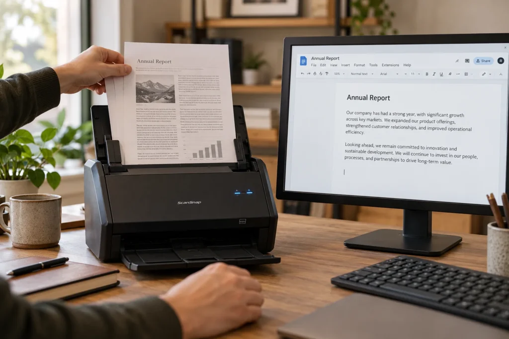 photo of a sheet-fed document scanner feeding a printed page, a simple desktop monitor beside it showing a quiet editable text document.