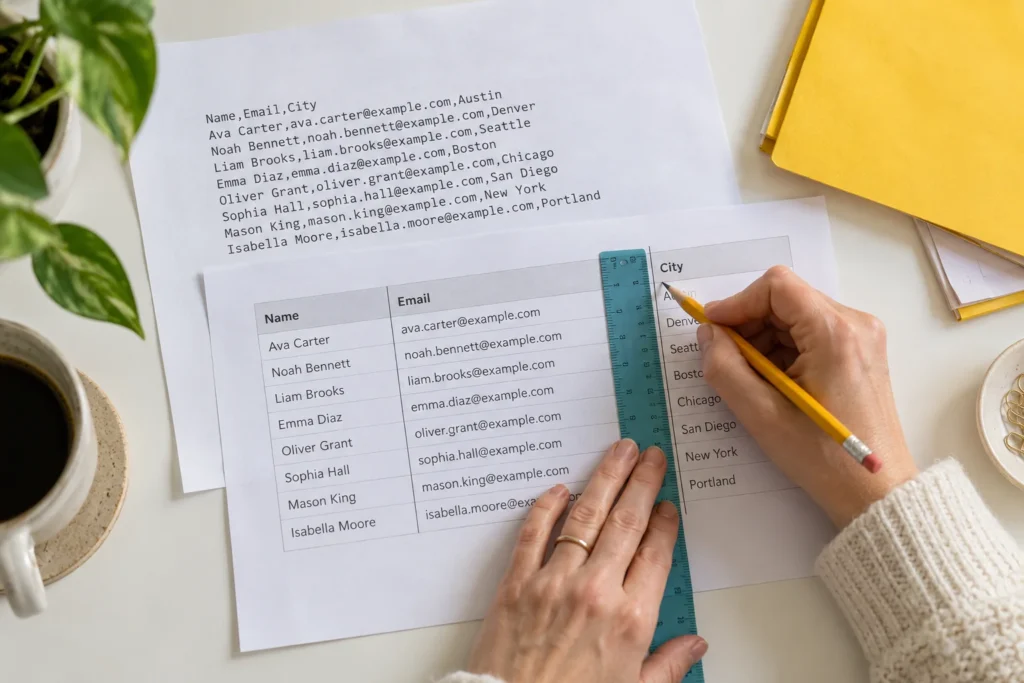 real photograph of a printed data sheet showing a comma-separated line Name,Email,City and a second printed sheet with three separated columns, hand marks the column boundaries with a teal ruler and pencil.