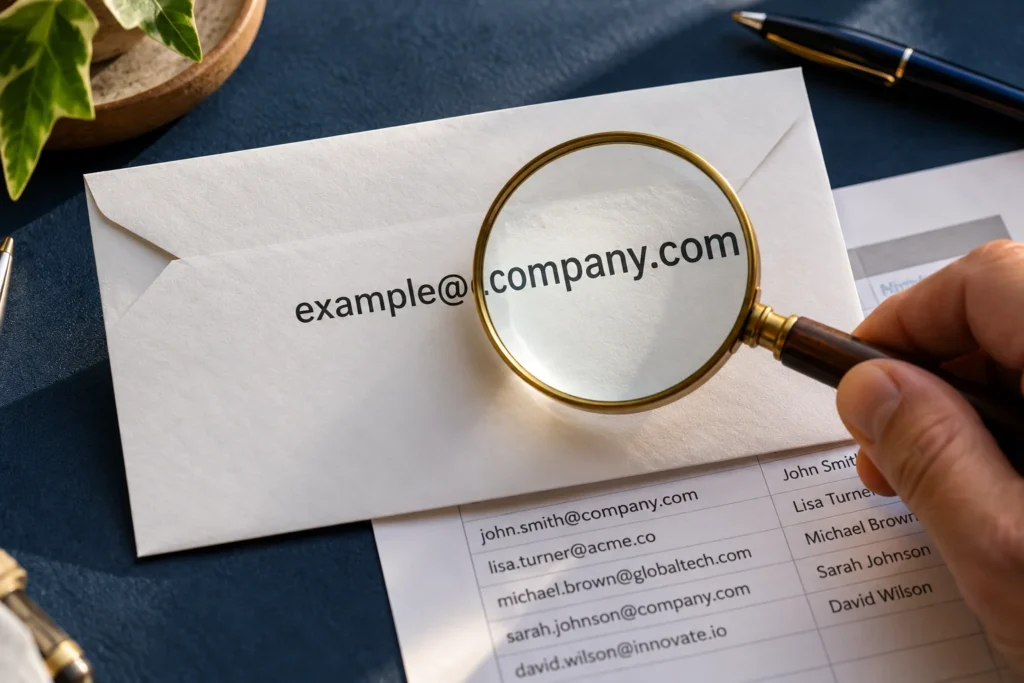 real photography of an envelope with an address example@company.com and a magnifying glass concentrating on company.com, printed contact list partly visible underneath.