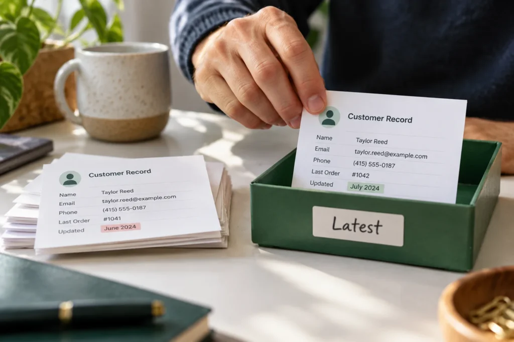editorial photograph of an adult hand separating two nearly identical customer record cards labelled Updated June and Updated July, keeping July card in a small green tray marked Latest and moving the older one aside.