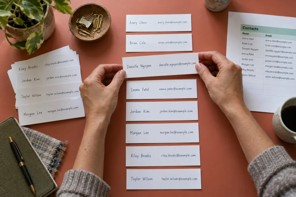 overhead photograph of full-width index cards each carrying a paired name and email, an adult hand rearranges each whole card into alphabetical order while keeping pairs together.