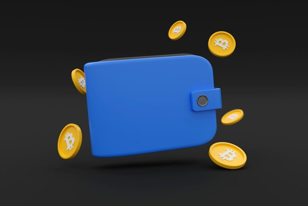 Conceptual blue wallet illustration surrounded by Bitcoin symbols