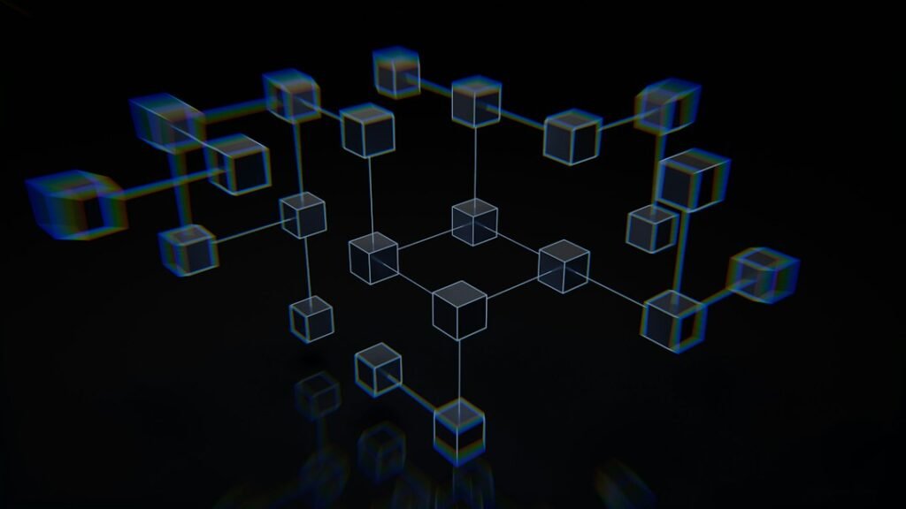 Conceptual 3D illustration of connected blockchain blocks